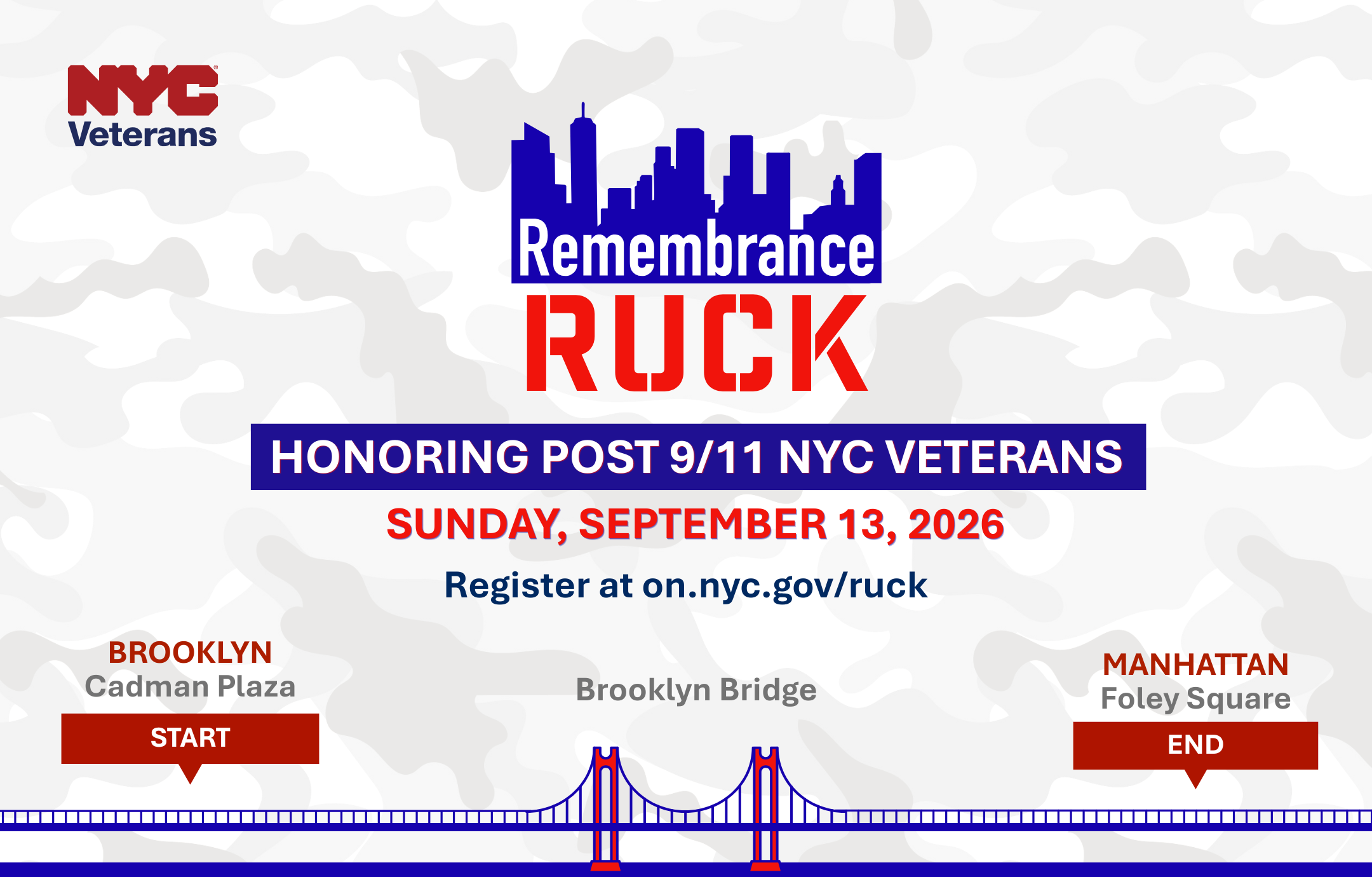Imagery of ruck logo and bridge

Text reads remembrance ruck honoring post-9/11 veterans on September 13, 2026
                                           